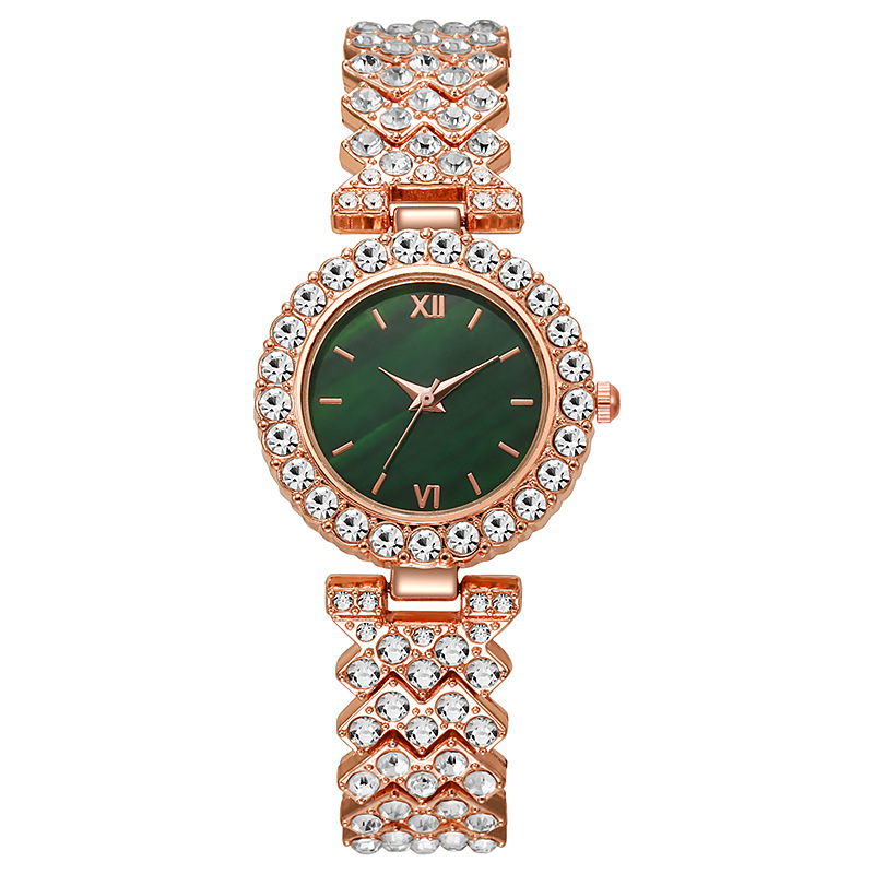 New diamond-encrusted fuchsia green dial women's bracelet watch, a niche high-end timepiece.