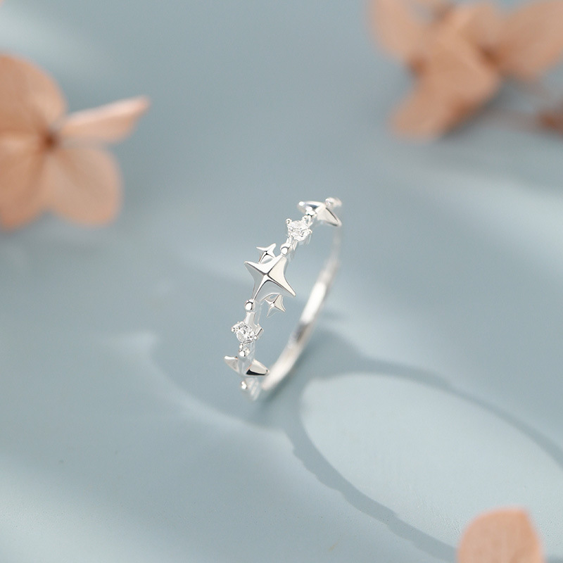 Sterling silver four-pointed star zircon ring for women, a unique, fashionable, artistic, gentle, and sweet jewelry.