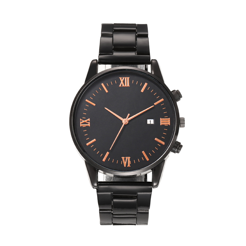 New men's stylish and versatile casual quartz wristwatch with calendar strap and iron band. Business watch.