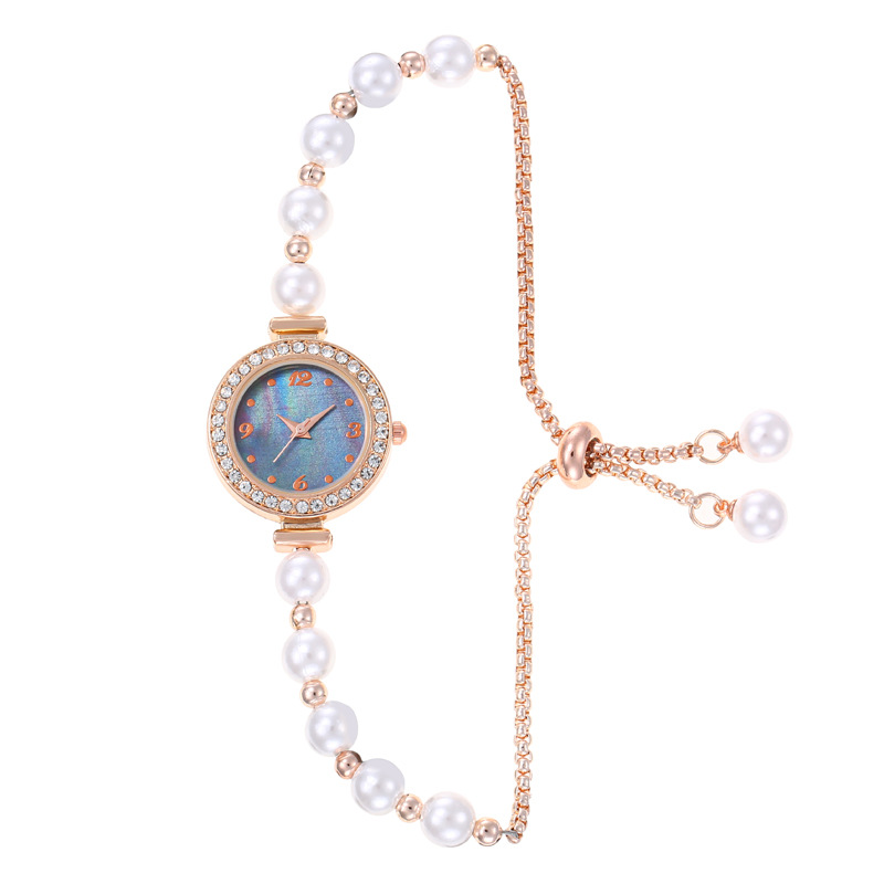 Fashionable pearl-encrusted rhinestone shell dial with pull-out bracelet, exquisite quartz women's watch/student watch