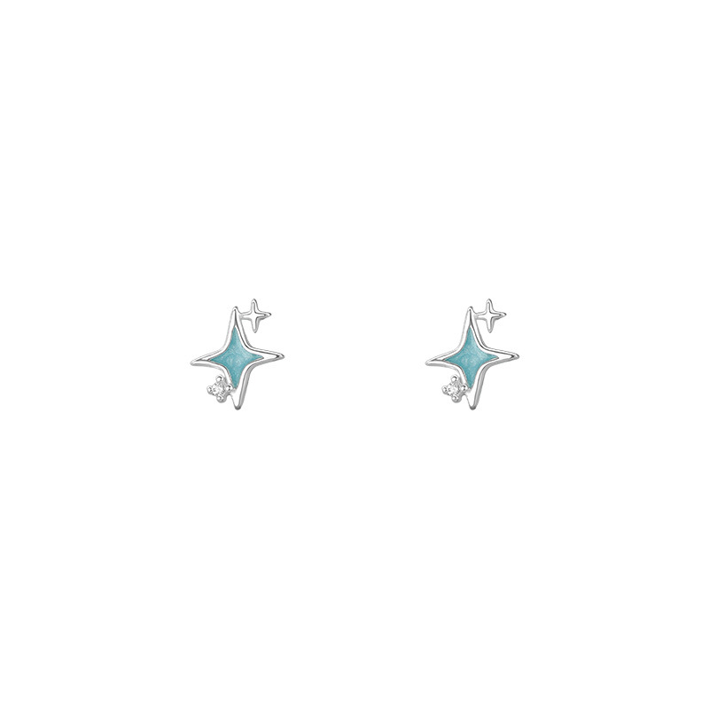 Sterling silver four-pointed star epoxy earrings, cute new summer style, unique, artistic and sweet earrings